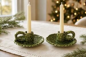 Vintage Holly Chamberstick Candle Holders Set of 2, Green Ceramic MCM Christmas
